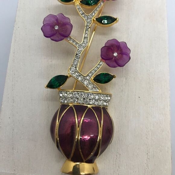 Flower Bouquet Vase Enamel Brooch Gold Tone 90s Vintage - Picture 2 of 11